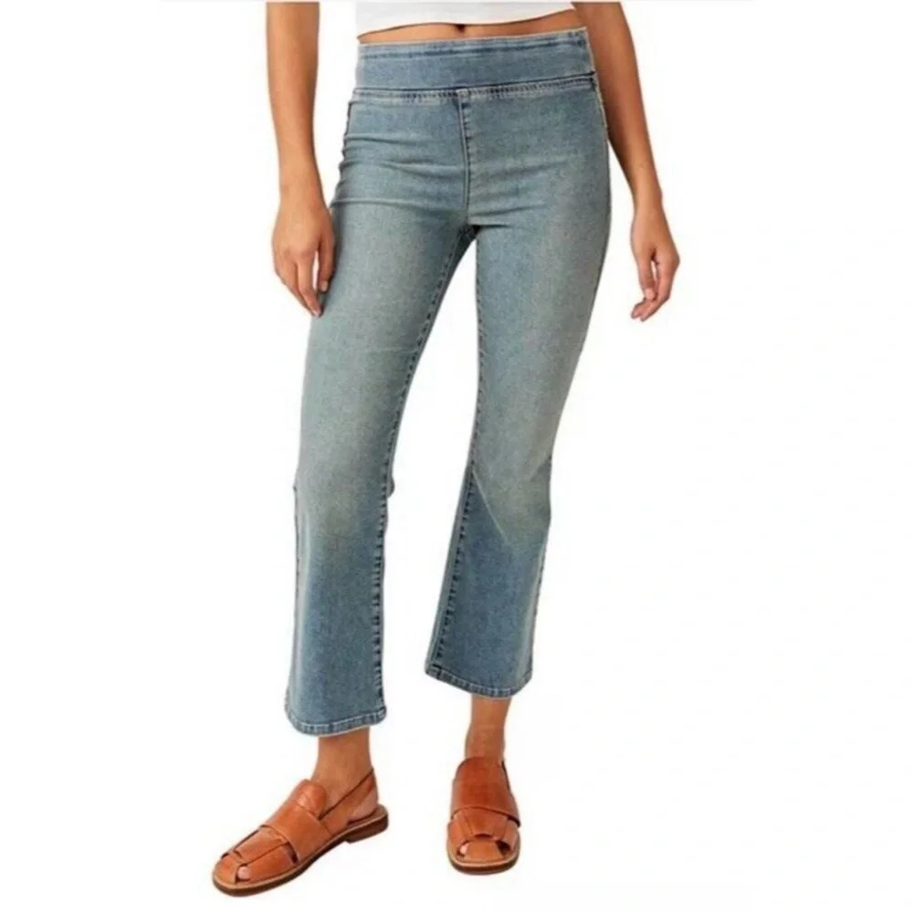 Free People Mid-Rise Cropped Flare Jeans - Light Blue